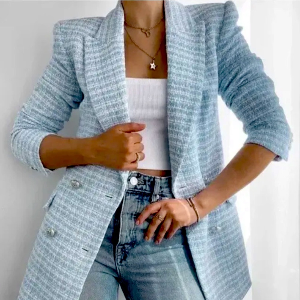 ❌❌❌SOLD❌❌❌Zara Light Baby Blue Textured Tweed Blazer